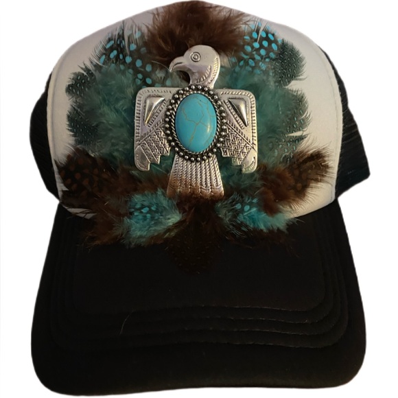 Handmade Black and White Trucker Hat with Feathers and Turquoise Eagle Design